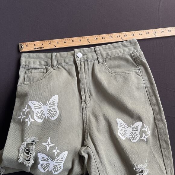 Shein Womens Butterflies Jeans Large Green Distressed Boho Denim Cotton Festival - Picture 8 of 12